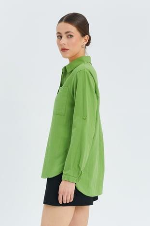 9942 Kadın Oxford Uzun Kol  Basic Gömlek Fıstık Yeşili