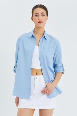 9942 Kadın Oxford Uzun Kol  Basic Gömlek Bebe Mavi