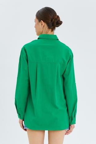 9942 Kadın Oxford Uzun Kol  Basic Gömlek Yeşil