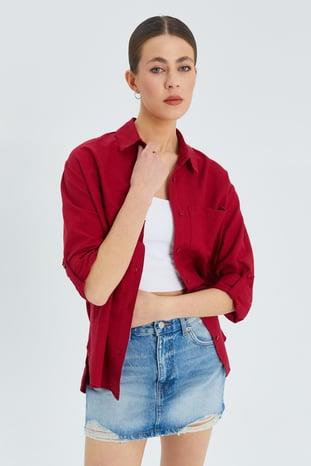 9942 Kadın Oxford Uzun Kol  Basic Gömlek Bordo