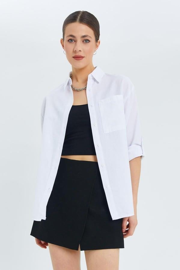 9942 Kadın Oxford Uzun Kol  Basic Gömlek Beyaz