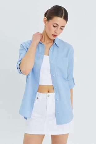 9942 Kadın Oxford Uzun Kol  Basic Gömlek Bebe Mavi