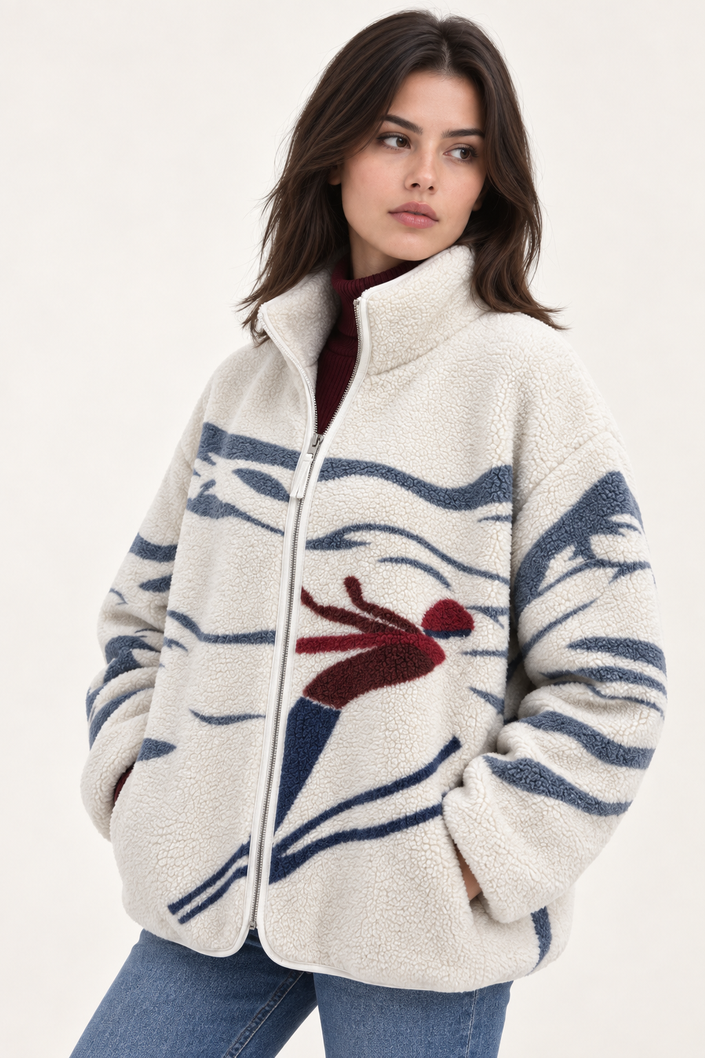 Kadın Dağ ve Kayak Silüetli Cepli Yumuşak Dokulu Polar Sweatshirt