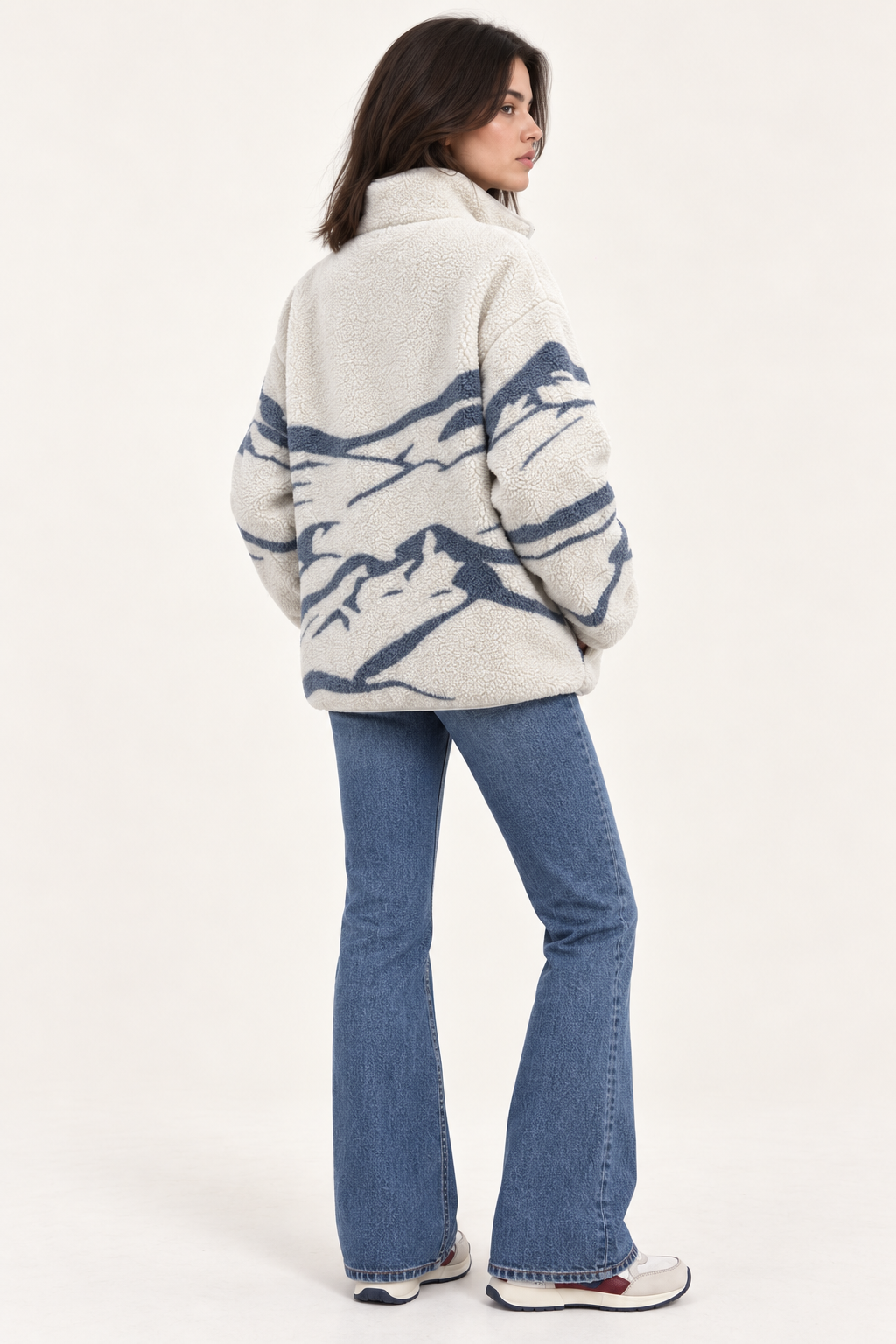 Kadın Dağ ve Kayak Silüetli Cepli Yumuşak Dokulu Polar Sweatshirt