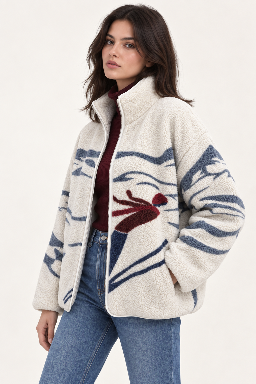 Kadın Dağ ve Kayak Silüetli Cepli Yumuşak Dokulu Polar Sweatshirt
