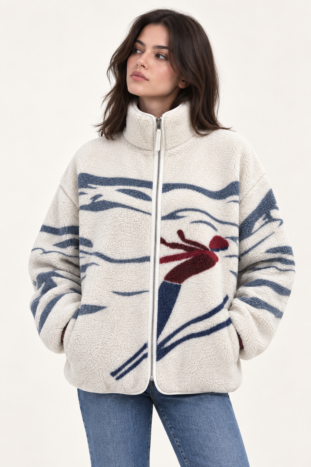Kadın Dağ ve Kayak Silüetli Cepli Yumuşak Dokulu Polar Sweatshirt
