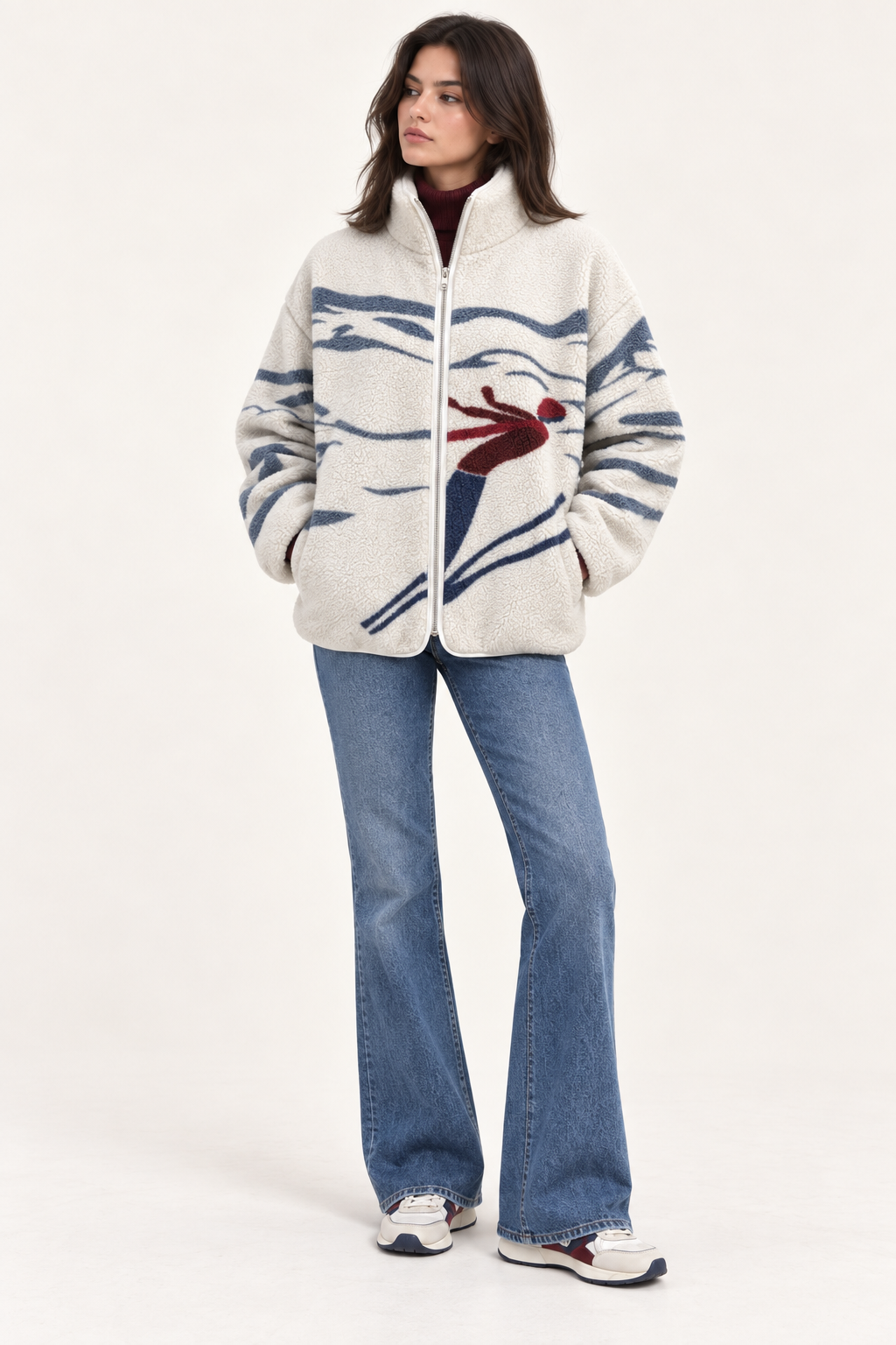 Kadın Dağ ve Kayak Silüetli Cepli Yumuşak Dokulu Polar Sweatshirt