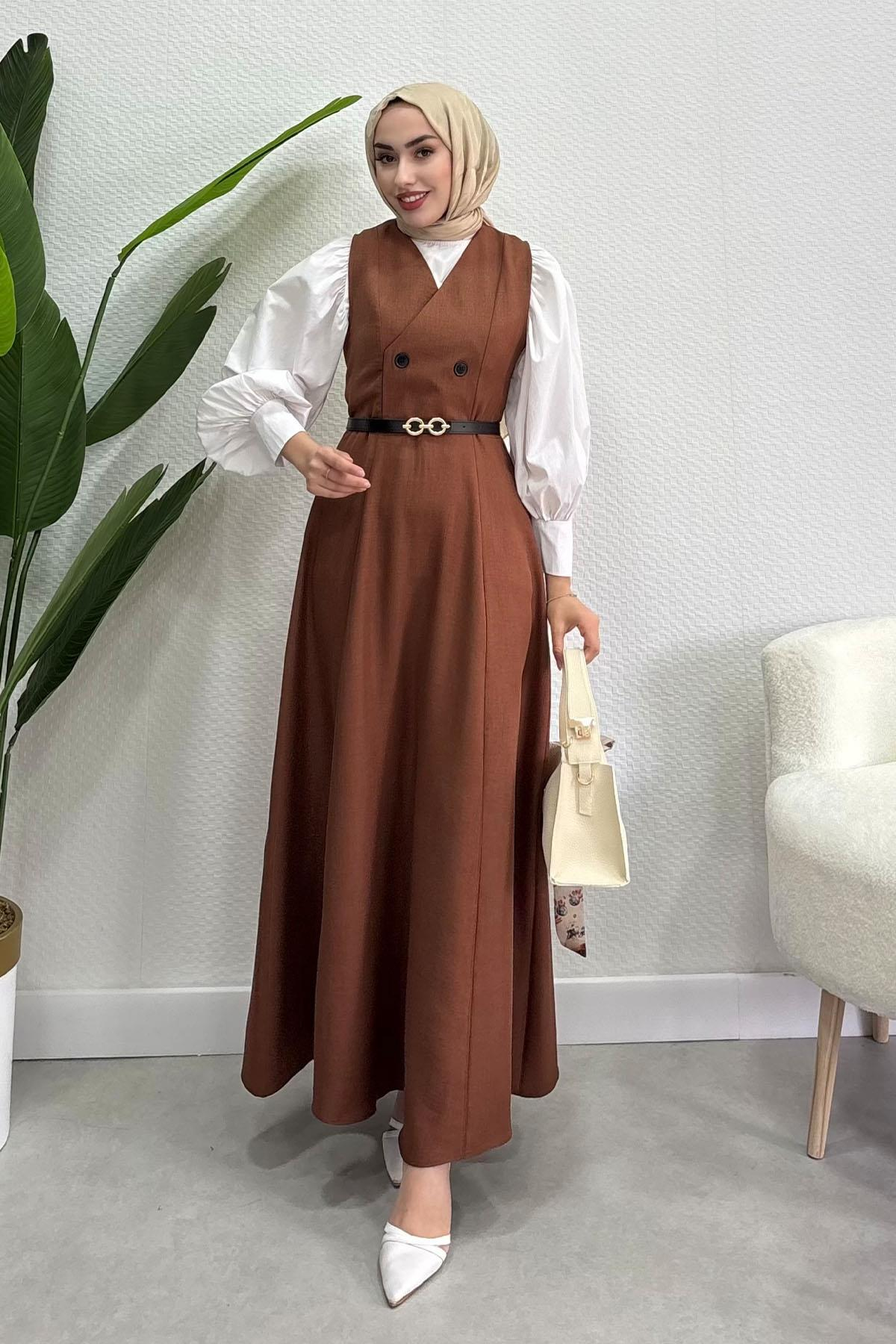  Sofya Keten Düğme Detaylı Jile Elbise -kahverengi