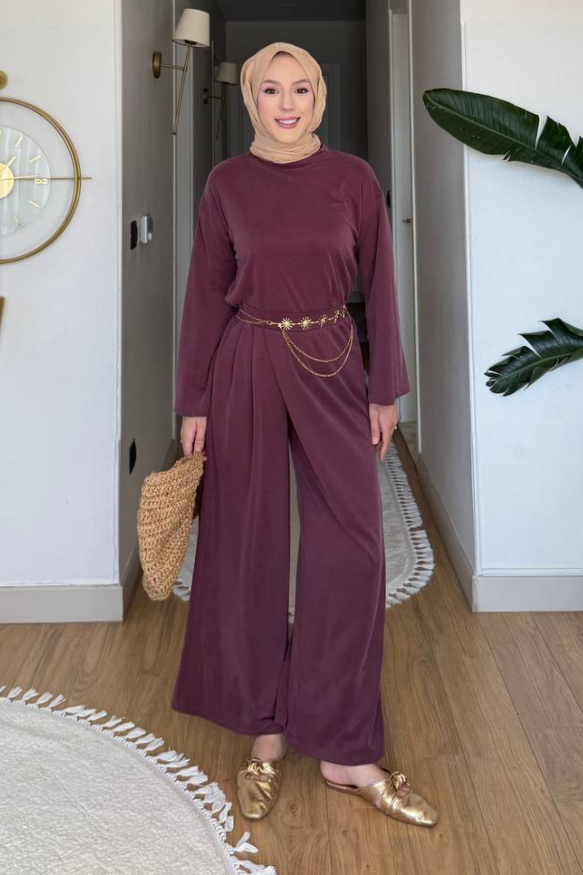 Aden Pike Orijinal Modal Kumaş Tunik-Pantolon Tesettür Takım- Mürdüm