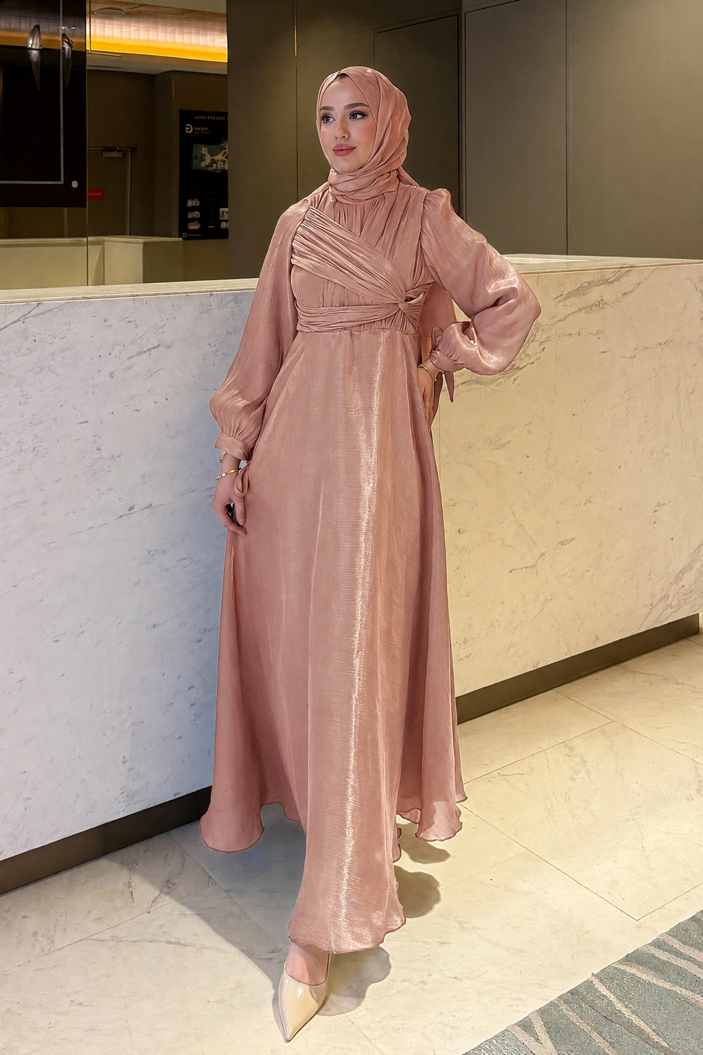Ala Model Yandan Dolamalı Janjan Kumaş Tesettür Abiye- Somon