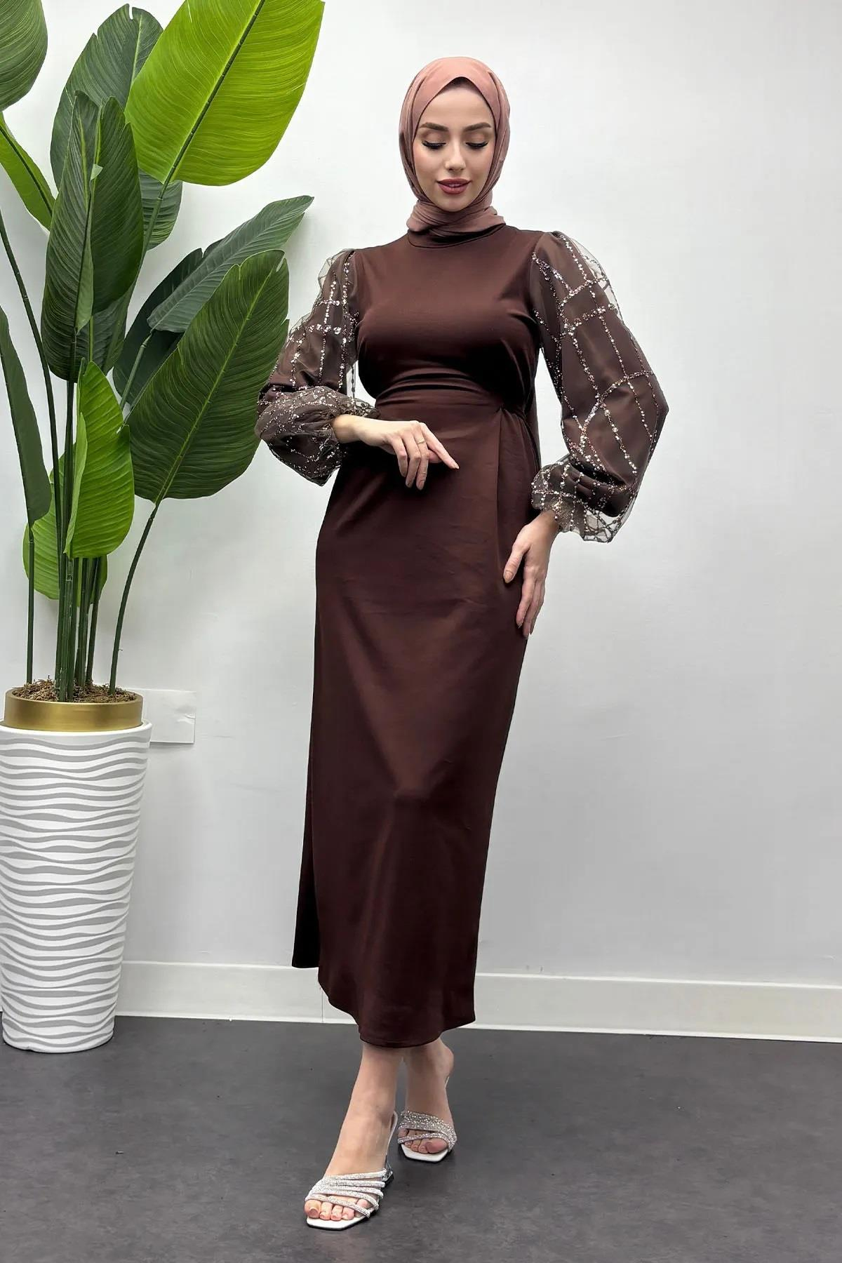 Angelica Kolları Sim Detaylı Abiye - Kahverengi