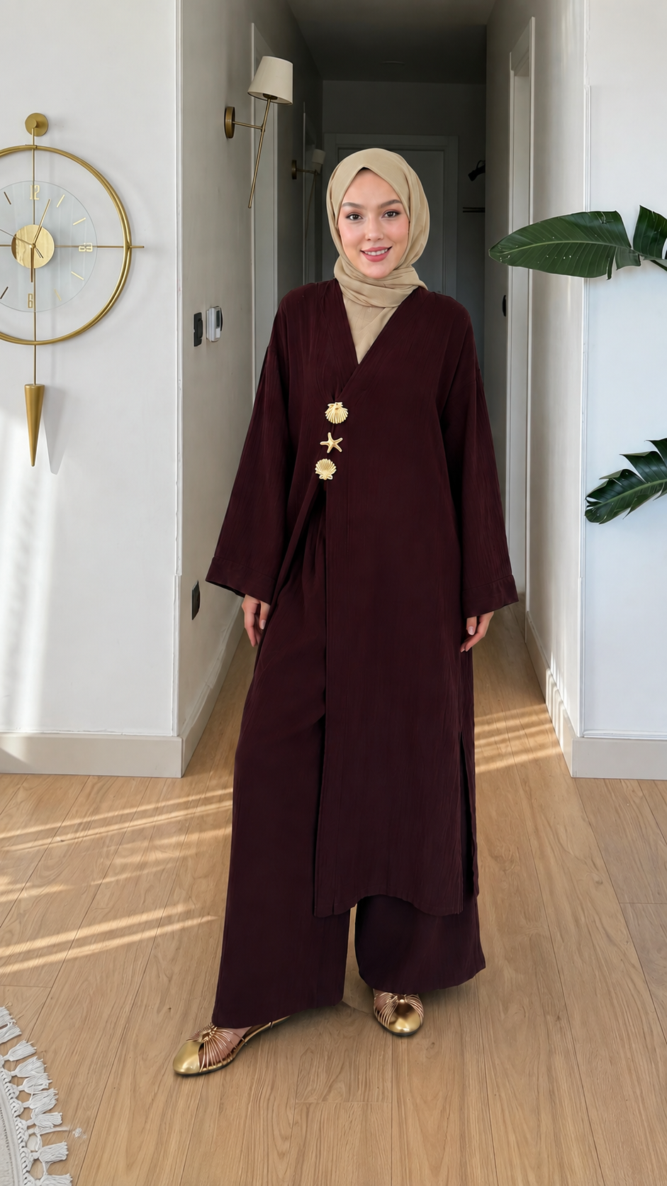 Asel Müslin Kumaş Broşlu Kap-Pantolon Tesettür Takım- Bordo