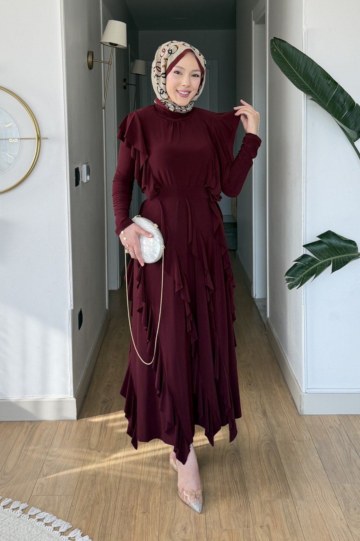 Belin Sendy Kumaş Fırfır Detaylı Tesettür Takım- Bordo