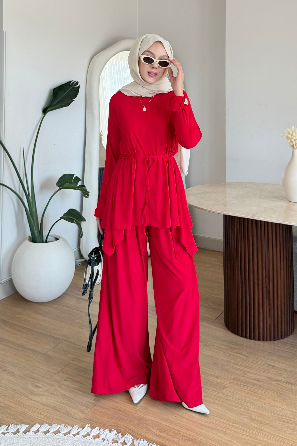 Boby İthal Sandy Kumaş Tunik-Pantolon Tesettür Takım- Kırmızı