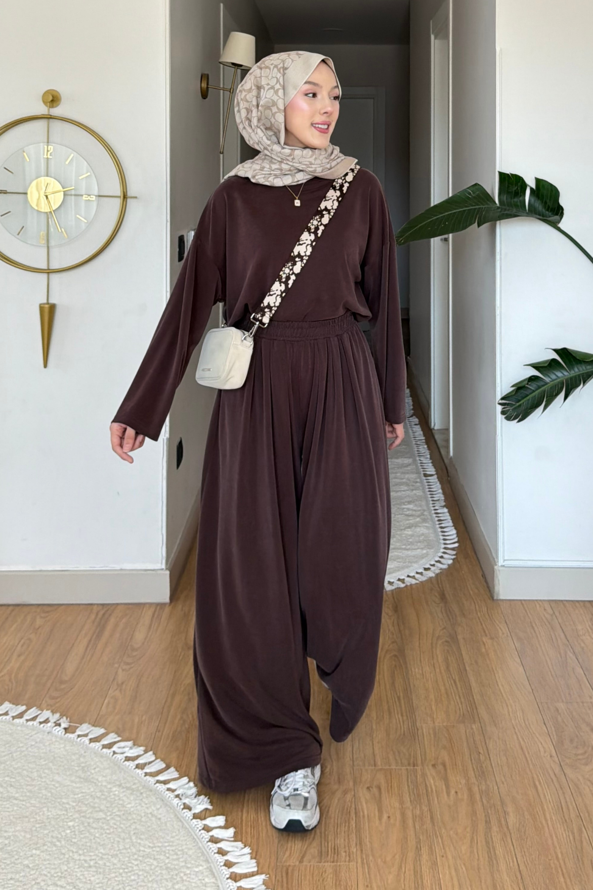 Chester Pike Orijinal Modal Kumaş Tunik- Pantolon Tesettür Takım- Kahverengi