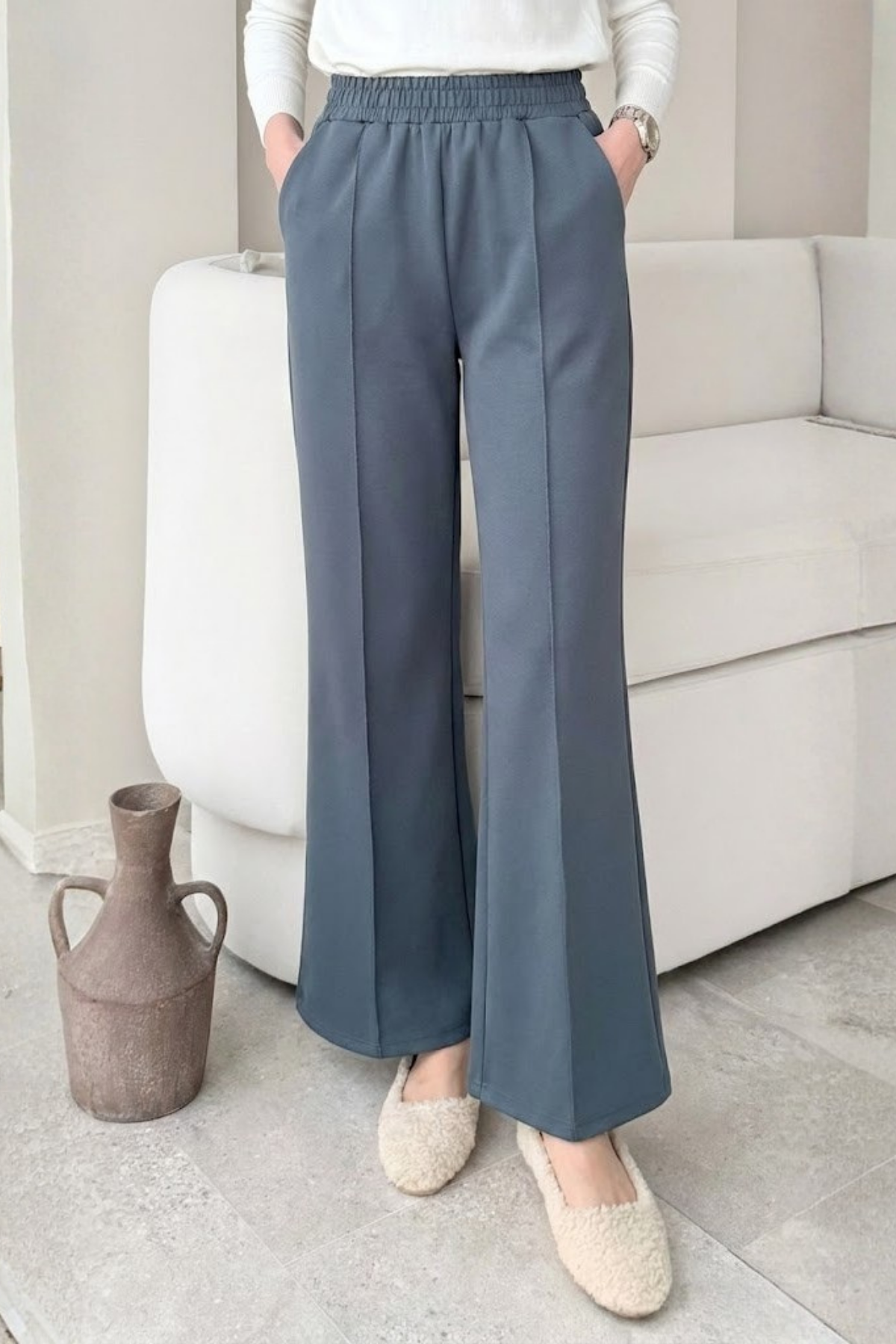 Çimalı Beli Lastikli Scuba Kumaş Tesettür Pantolon- Füme