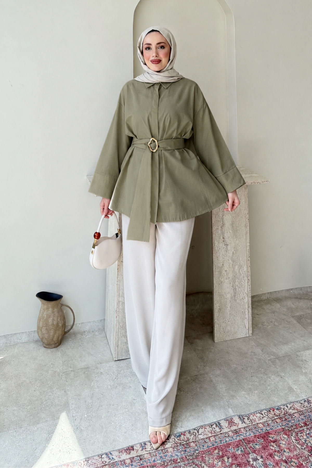 Dekta Cotton Kumaş Broş Kemerli Tesettür Gömlek- Haki Standart (38-42 Uyumlu)
