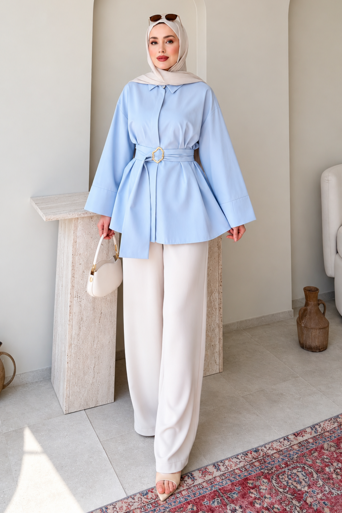 Dekta Cotton Kumaş Broş Kemerli Tesettür Gömlek- Mavi Standart (38-42 Uyumlu)