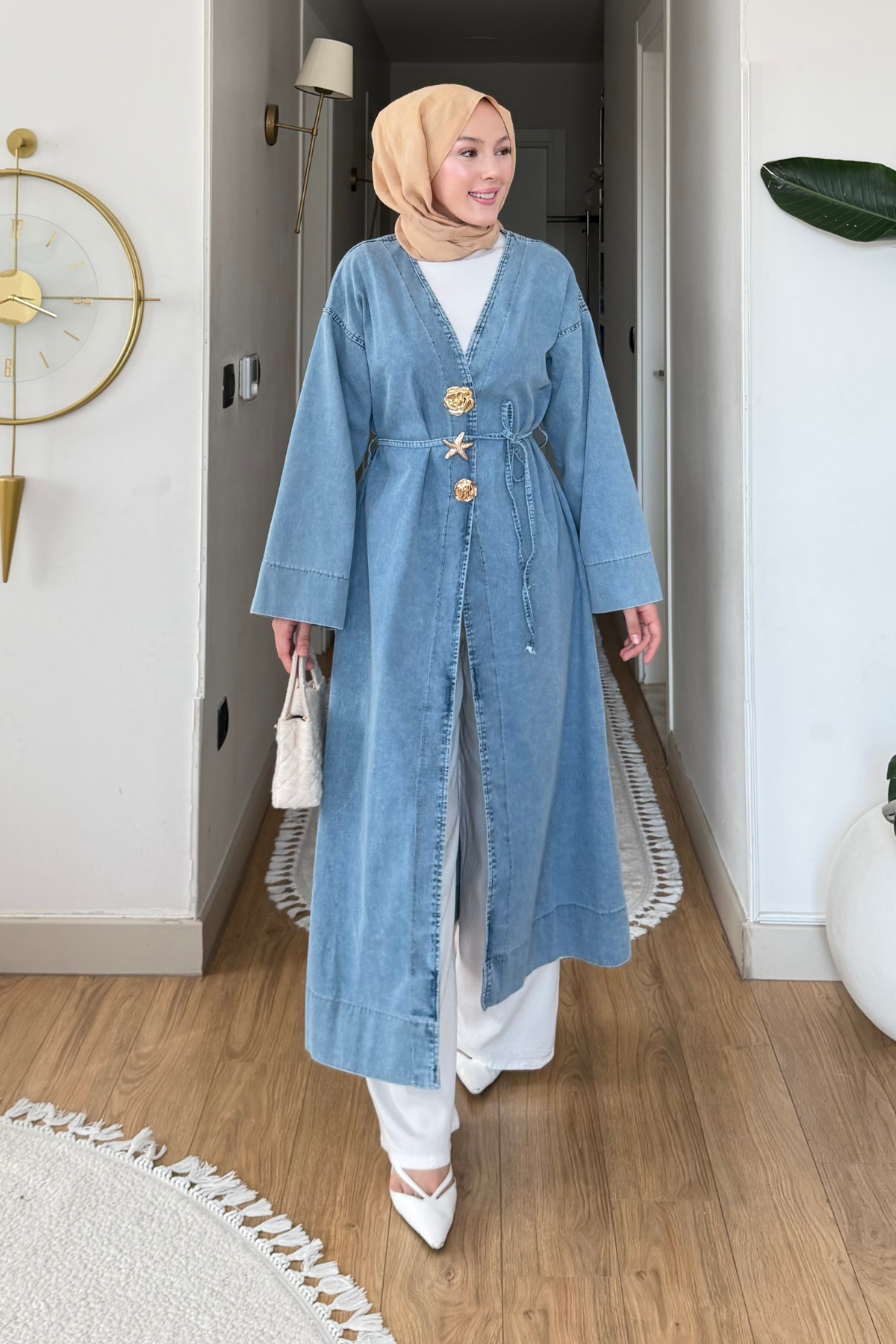 Denov Gold Düğme Detaylı Denim Tesettür Kap- Açık Mavi