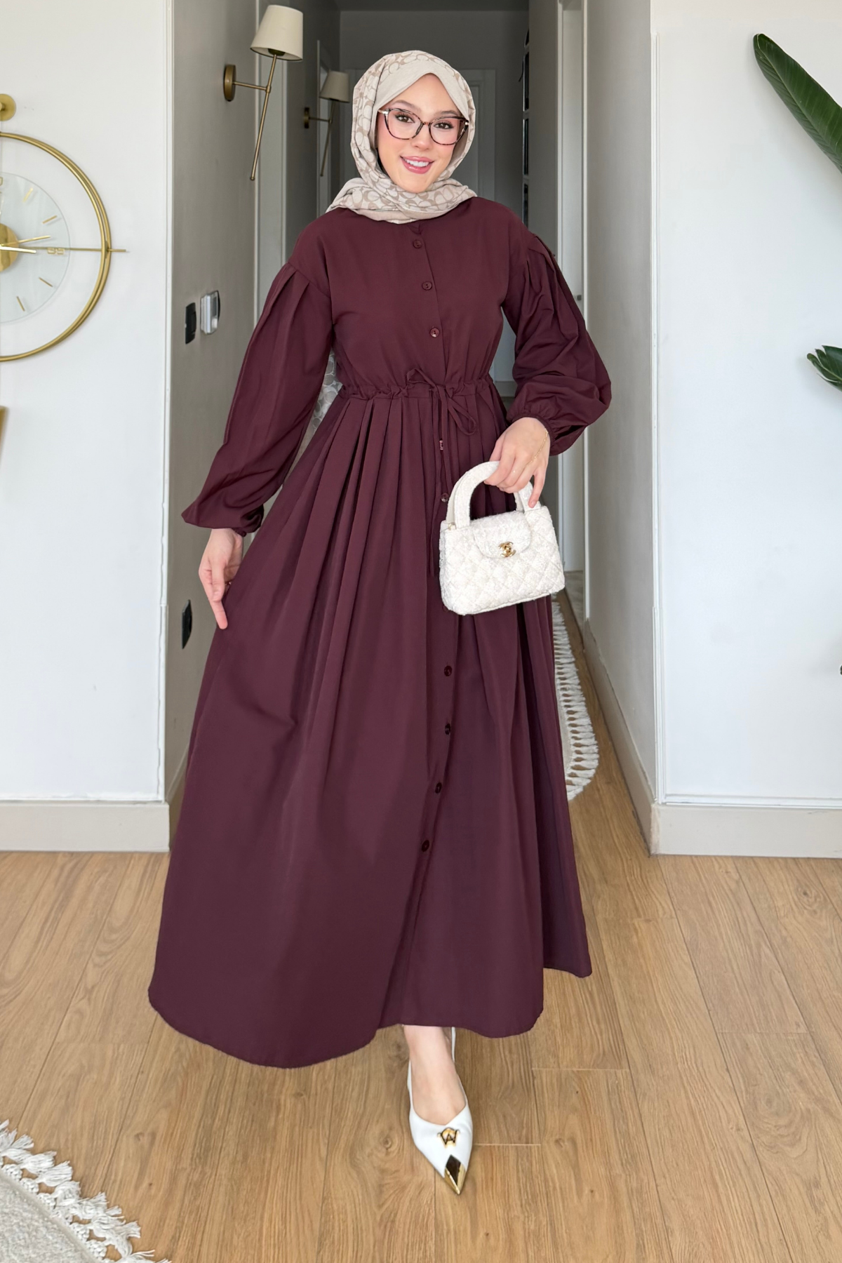 Divol Poplin Kumaş Düğmeli Tesettür Elbise- Bordo