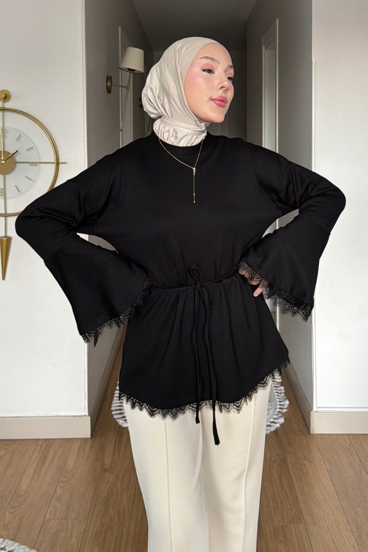 Drem Modal Kumaş Dantelli Tunik- Siyah Standart Beden (36-44 Uyumlu)