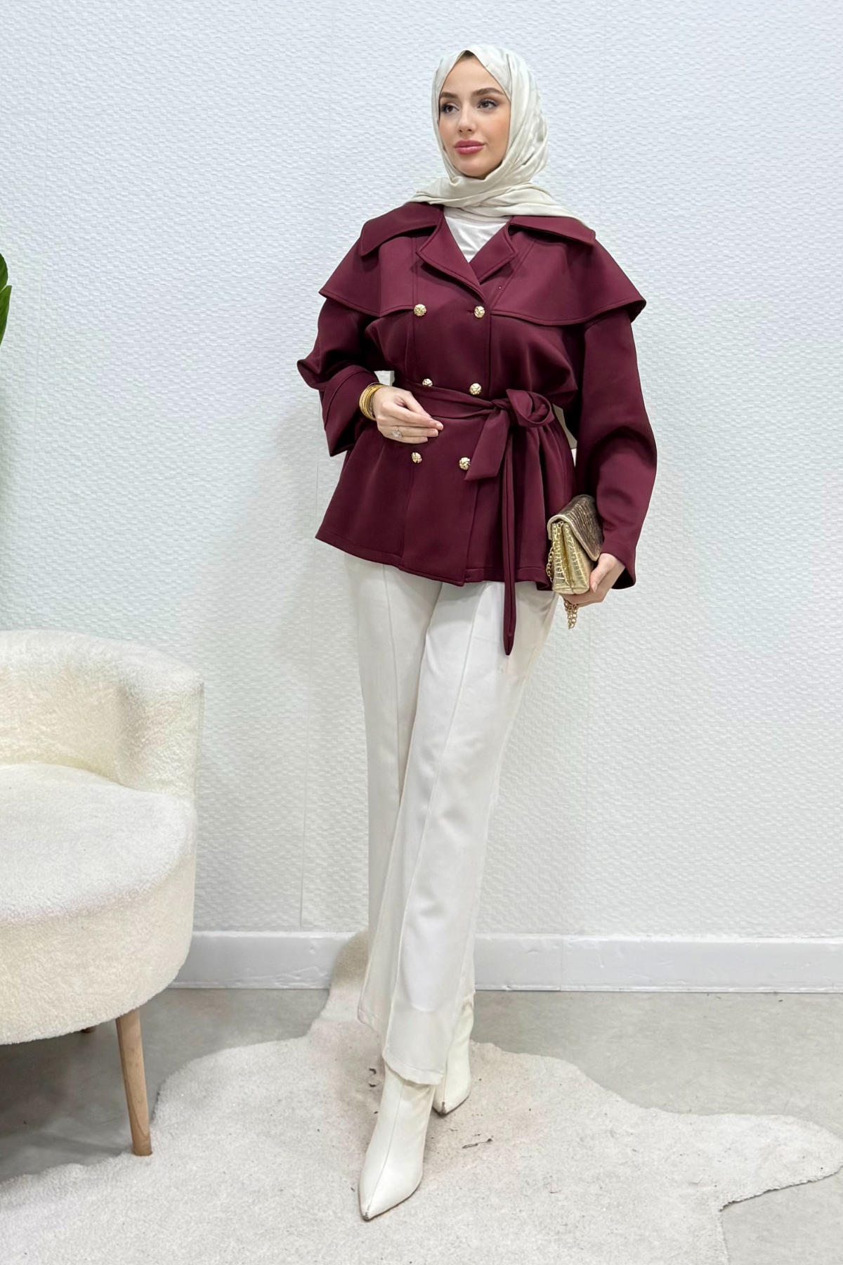 Düğme Detaylı Kuşaklı Oversize Scuba Ceket- Bordo Standart (38-44 Uyumlu)