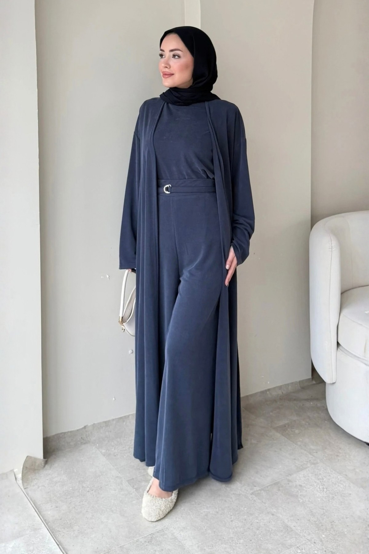 Fenal Petek Modal Kumaş Kemerli 3' lü Abaya Takım- Lacivert