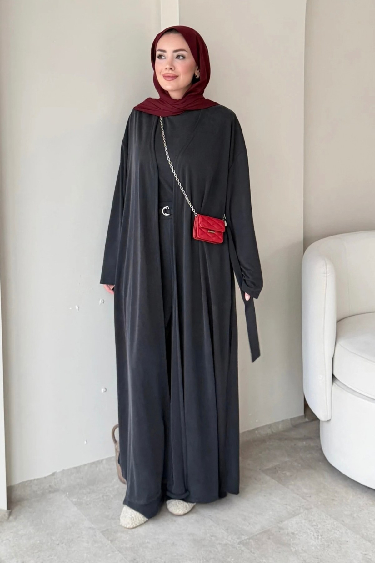 Fenal Petek Modal Kumaş Kemerli 3' lü Abaya Takım- Antrasit