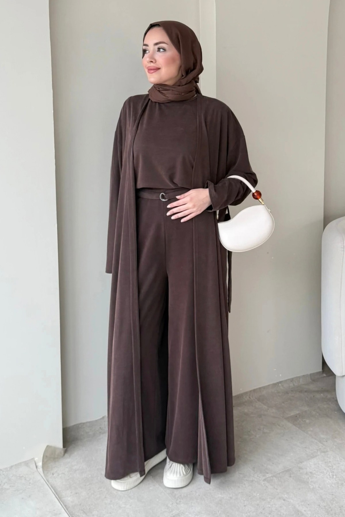 Fenal Petek Modal Kumaş Kemerli 3' lü Abaya Takım- Kahverengi