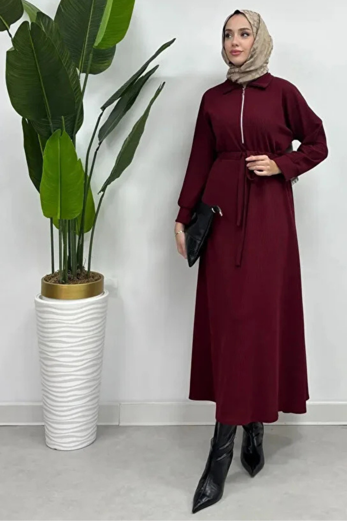 Fitilli Örme Kumaş Fermuar Detaylı Tesettür Elbise-Bordo