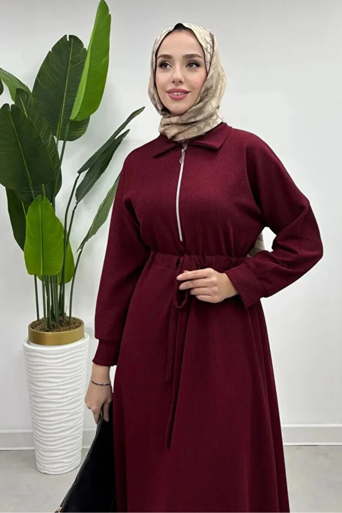 Fitilli Örme Kumaş Fermuar Detaylı Tesettür Elbise-Bordo
