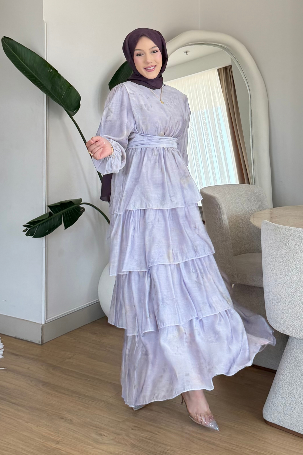 Fluer Tül Modal Kumaş Baskılı Astarlı Tesettür Elbise- Lila