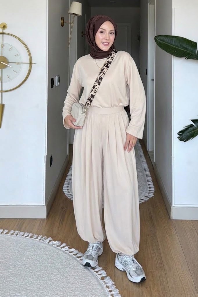 Habel Pike Orijinal Modal Kumaş Şalvar Pantolonlu Tesettür Takım- Krem