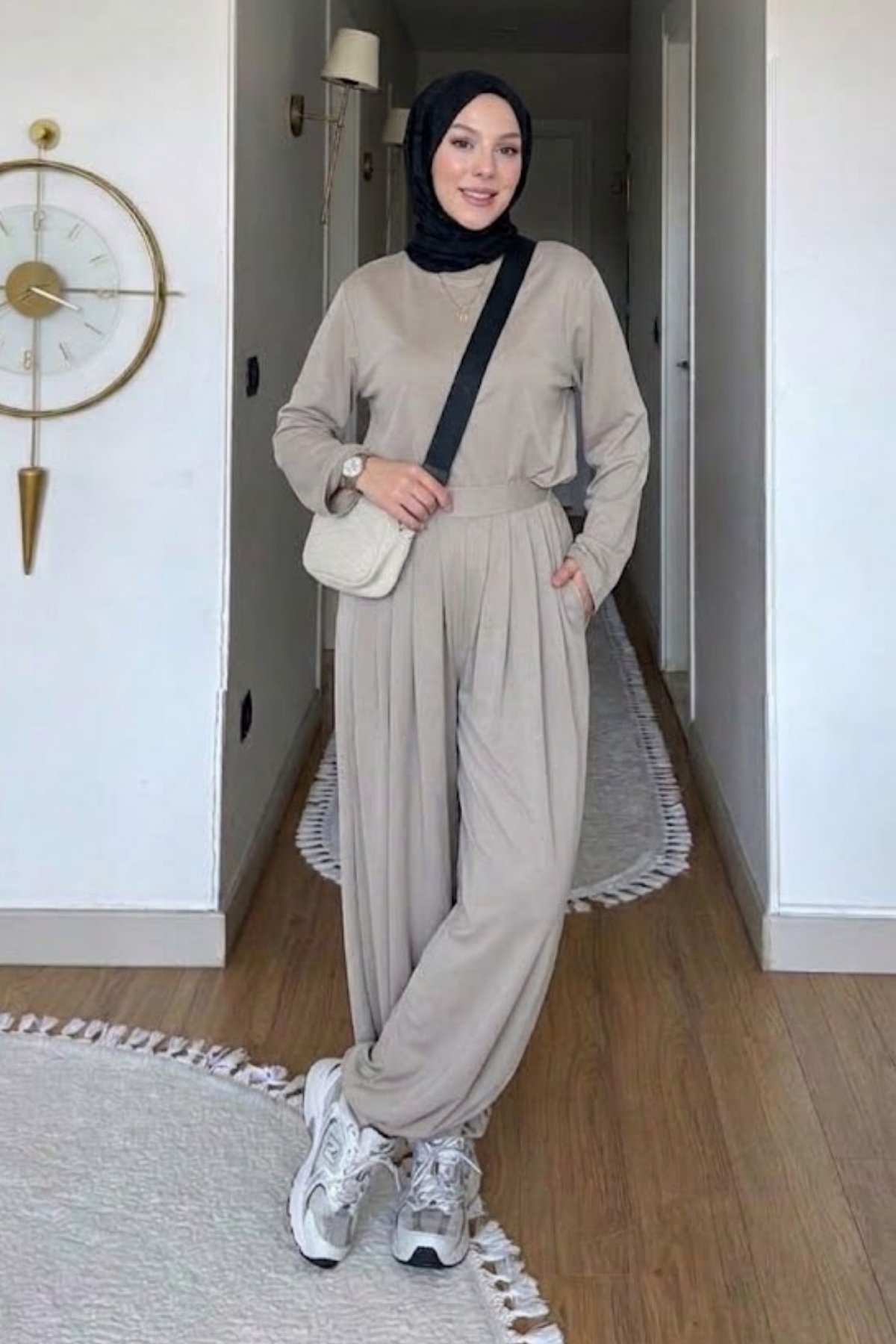Habel Pike Orijinal Modal Kumaş Şalvar Pantolonlu Tesettür Takım- Bej