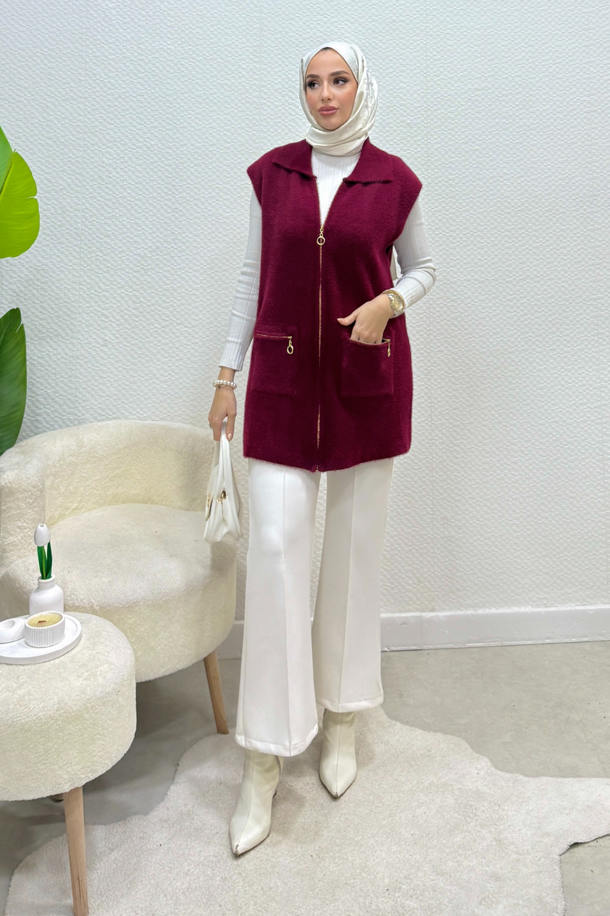 Hisel Fermuarlı Cepli Peluş Tesettür Yelek- Bordo Standart (36-42 Uyumlu)