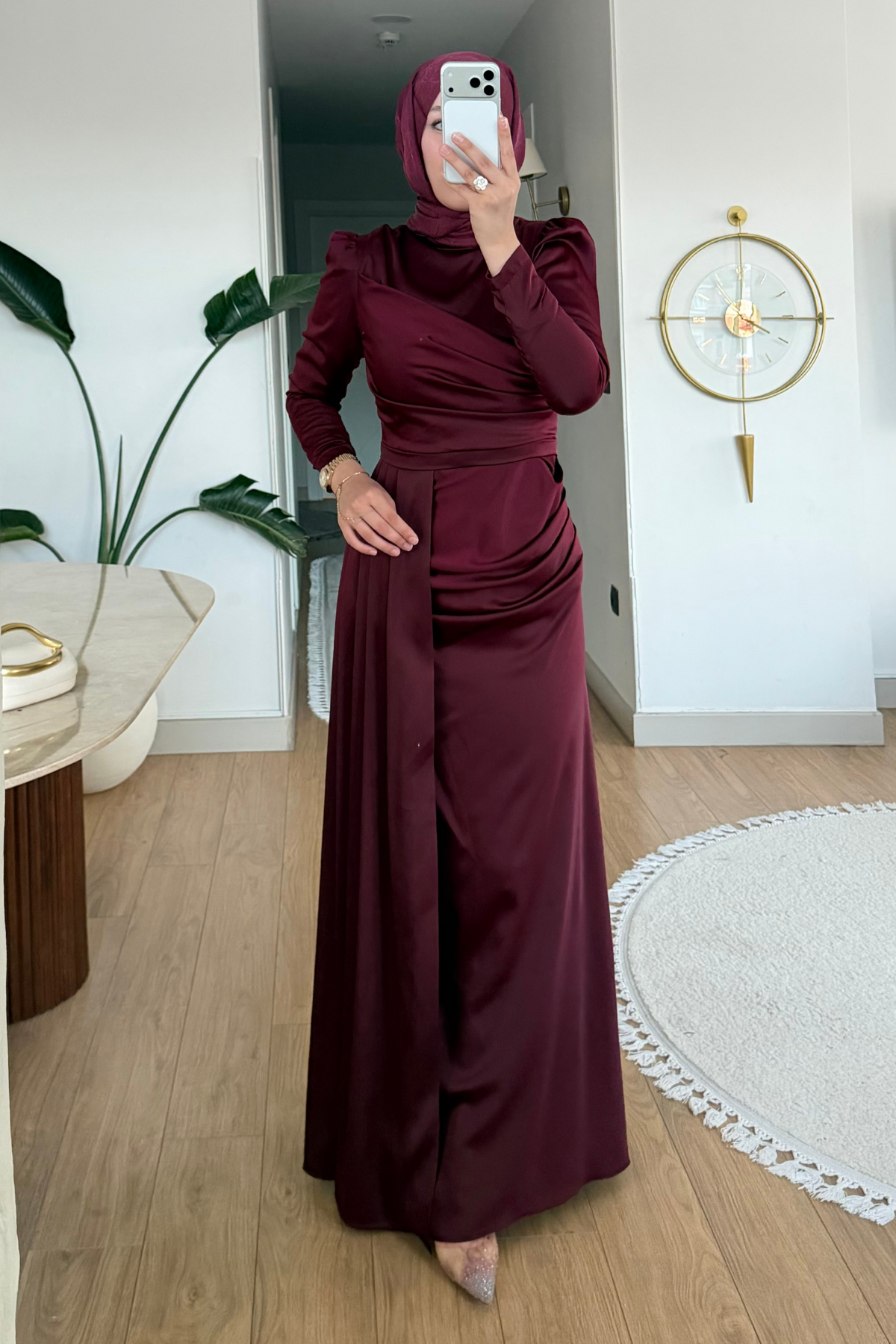 Jaze Kuyruklu Saten Tesettür Abiye- Bordo