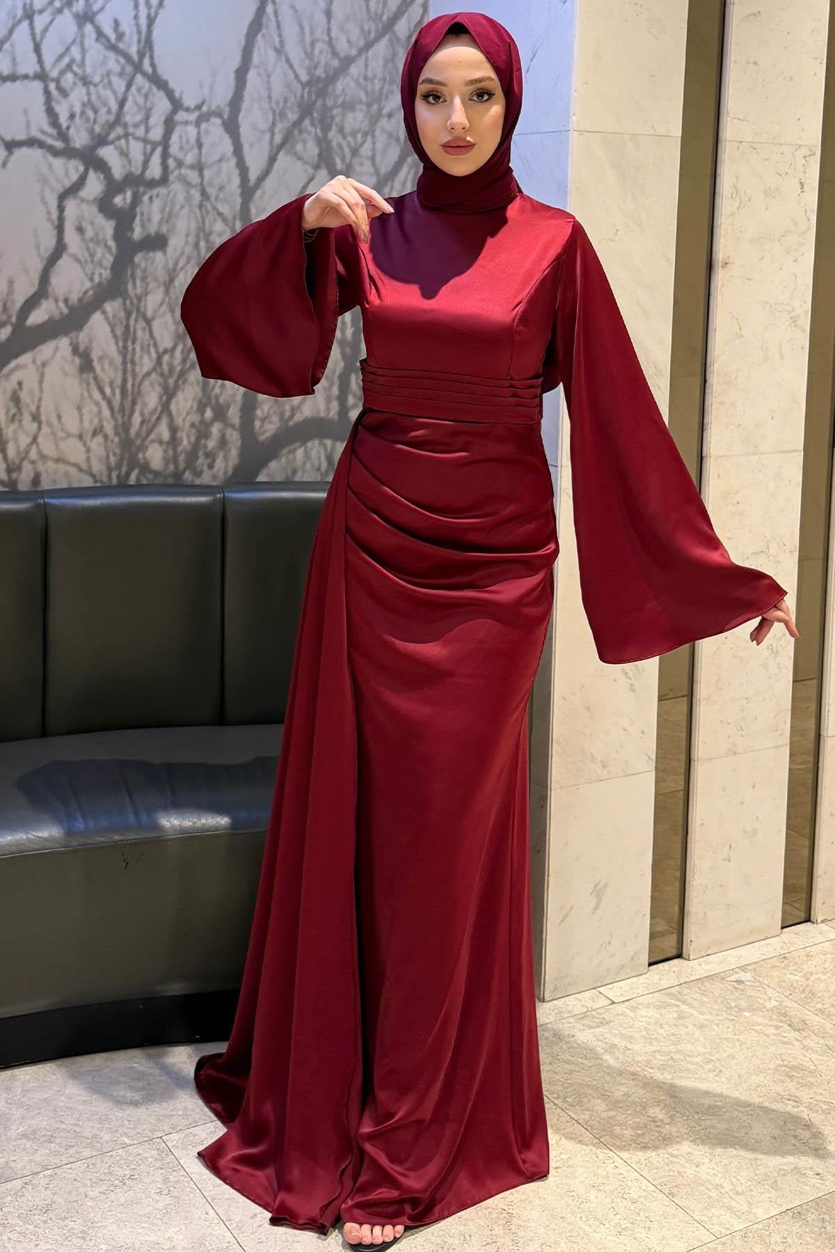 Kadın Arabella Pelerinli Saten Balık Abiye-Bordo