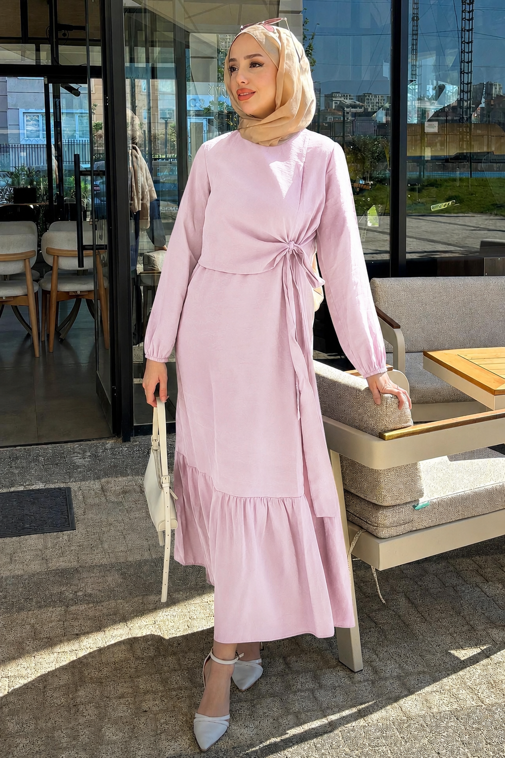 Kadın Tril Tril Yazlık Kumaş Bağlama Detaylı Elbise-Pembe