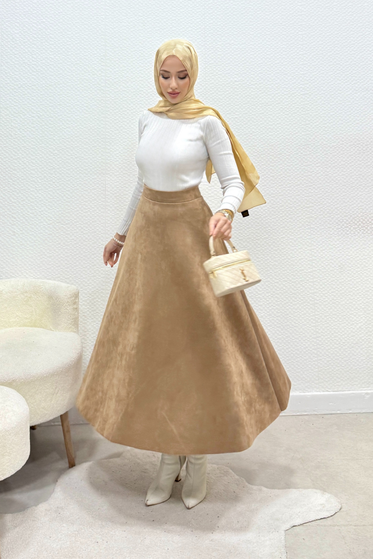 Kışlık Süet Tesettür Etek- Taba