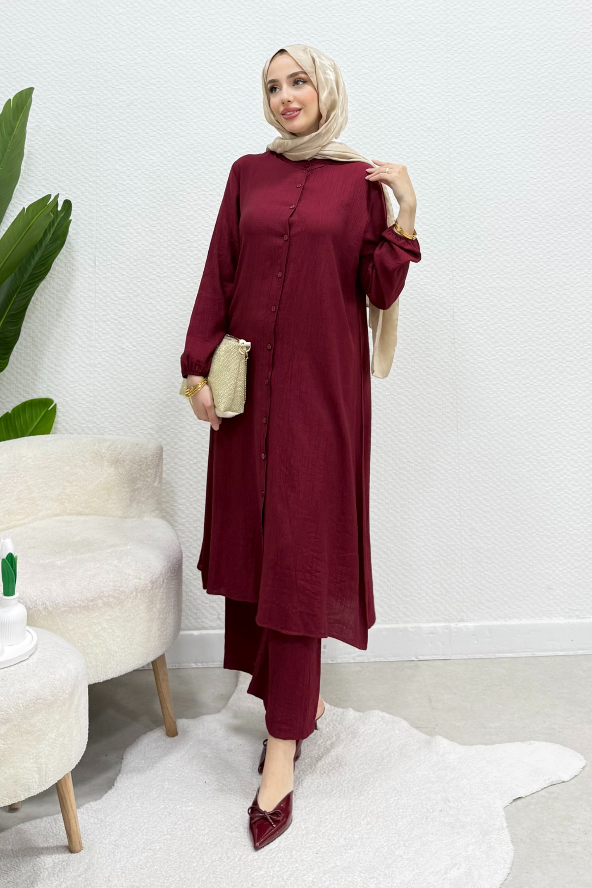 Laina Çilek Kumaş Uzun Gömlek-Pantolon Tesettür Takım- Bordo