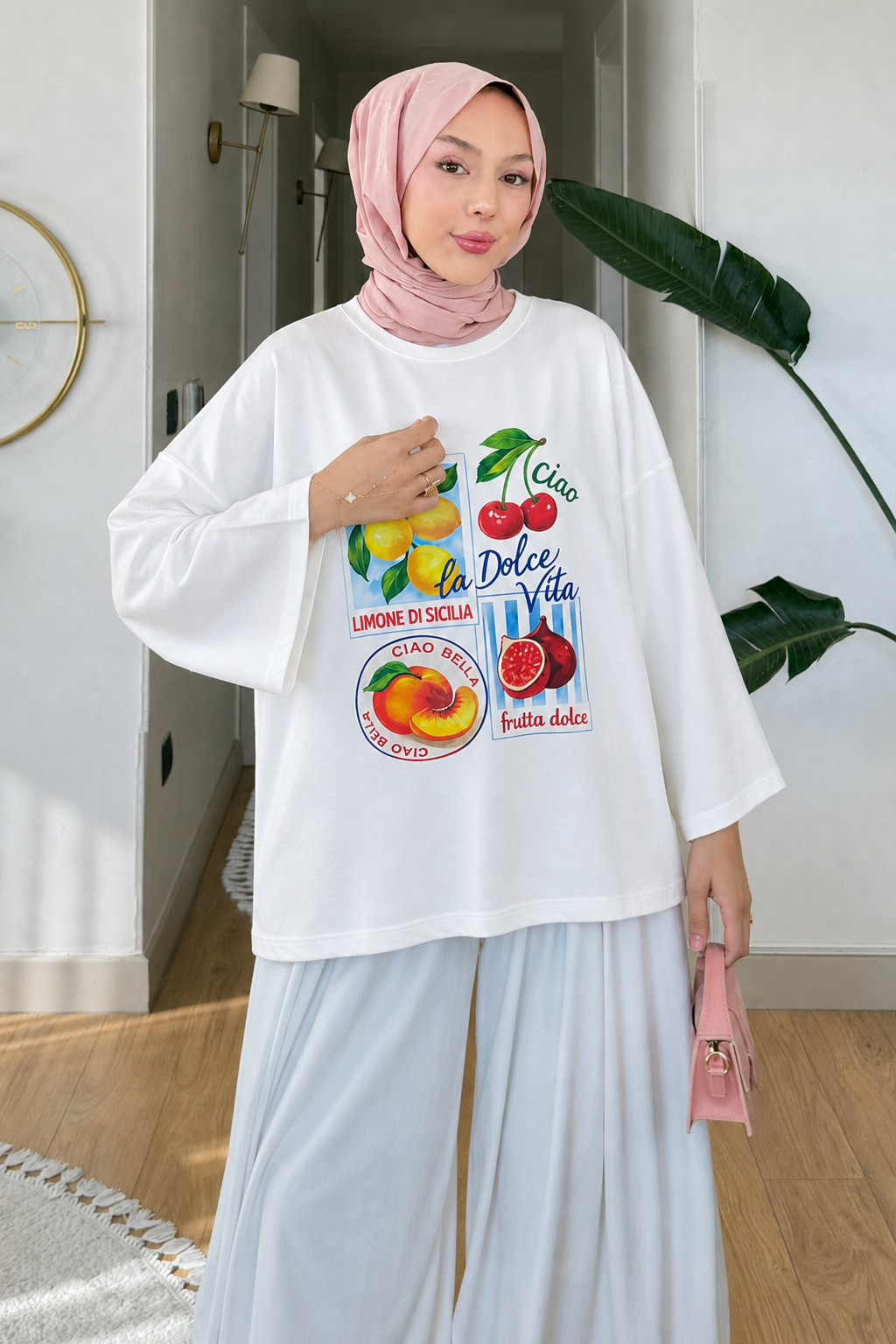 Lemonade Baskılı Tesettür Tunik- Beyaz
