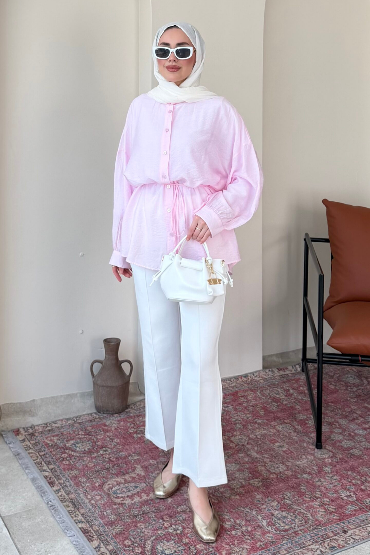 Mery Jakarlı Tül Modal Kumaş Oversize Gömlek- Pembe Standart (38-46 Uyumlu)