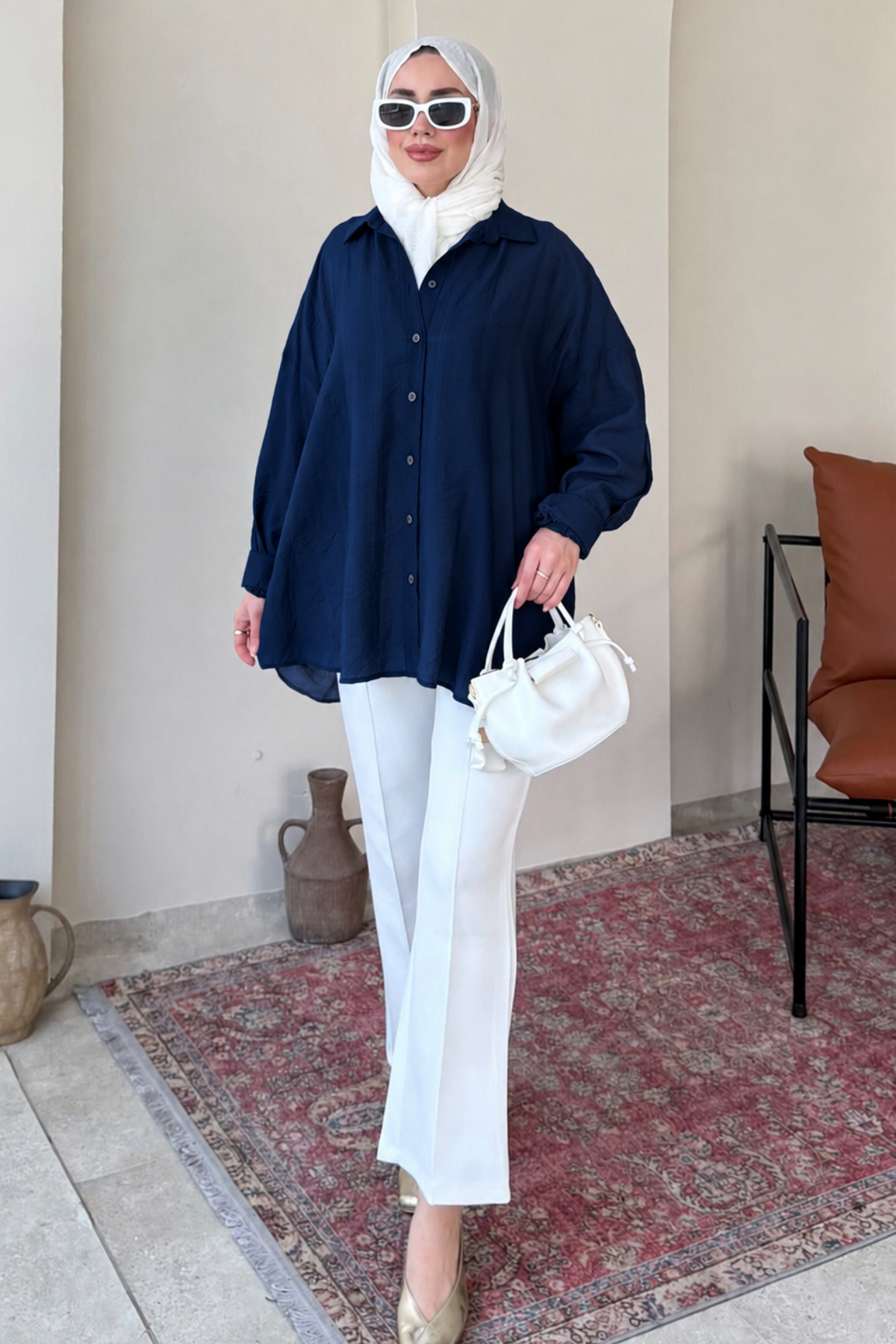 Mery Jakarlı Tül Modal Kumaş Oversize Gömlek- Lacivert Standart (38-46 Uyumlu)