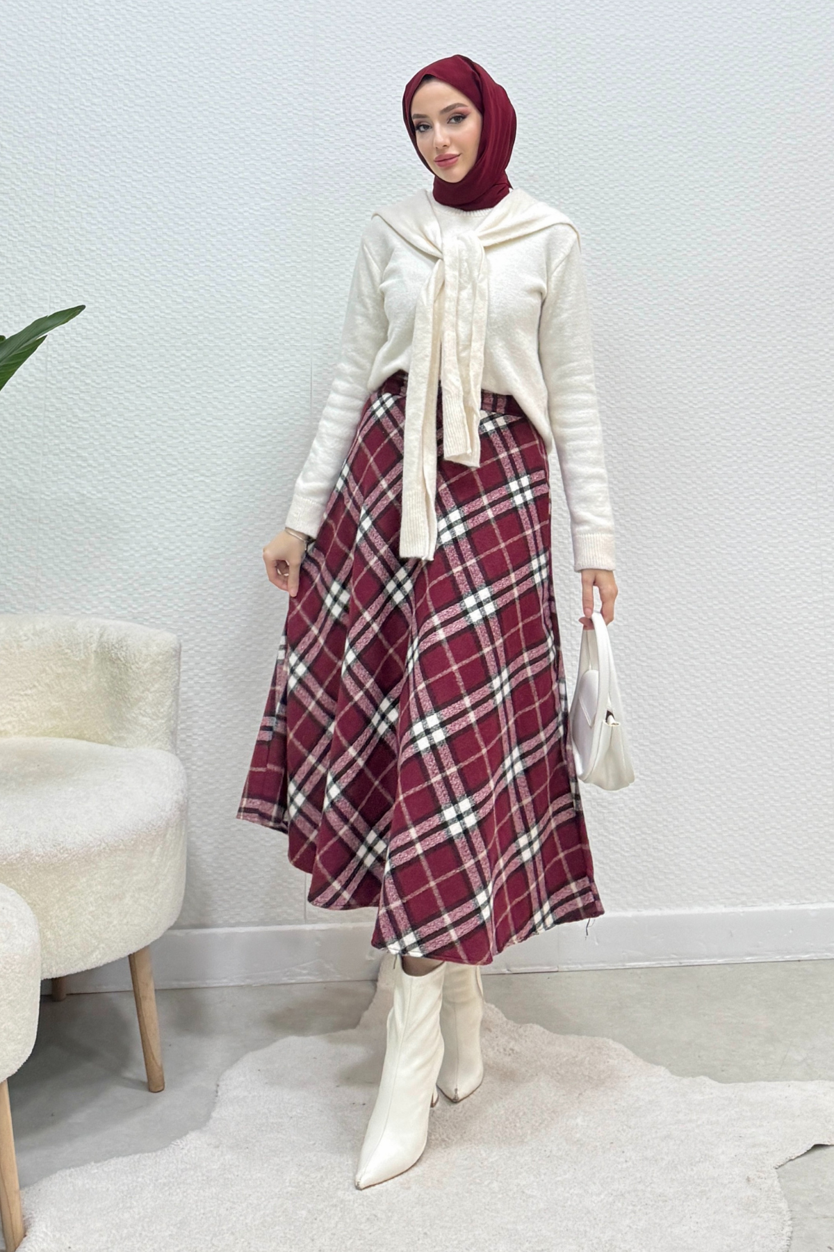 Nare Ekose Desen Kaşe Tesettür Etek- Bordo