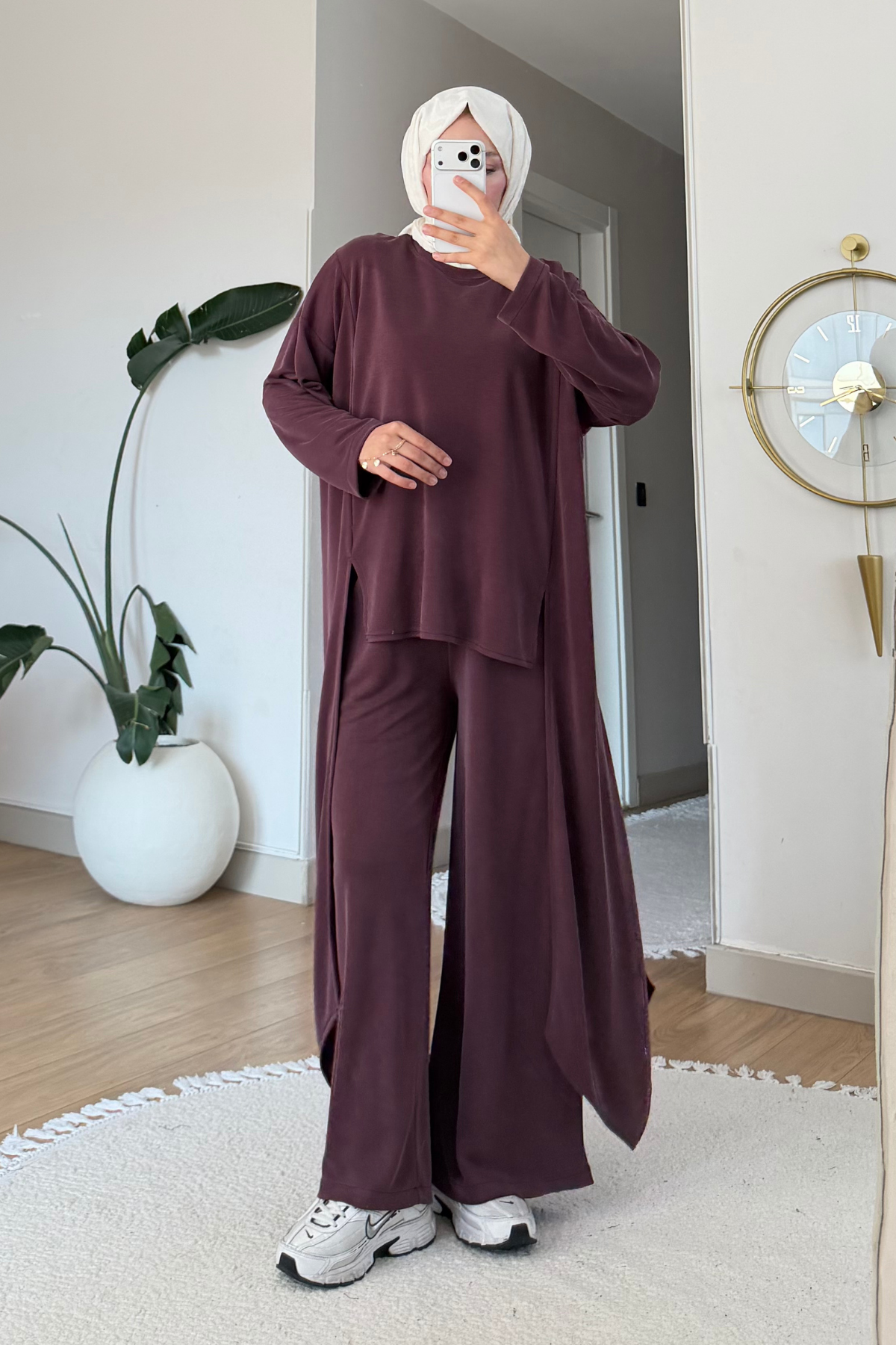 Peny Pike Orijinal Modal Kumaş Parçalı Tunik-Pantolon Tesettür Takım- Mürdüm
