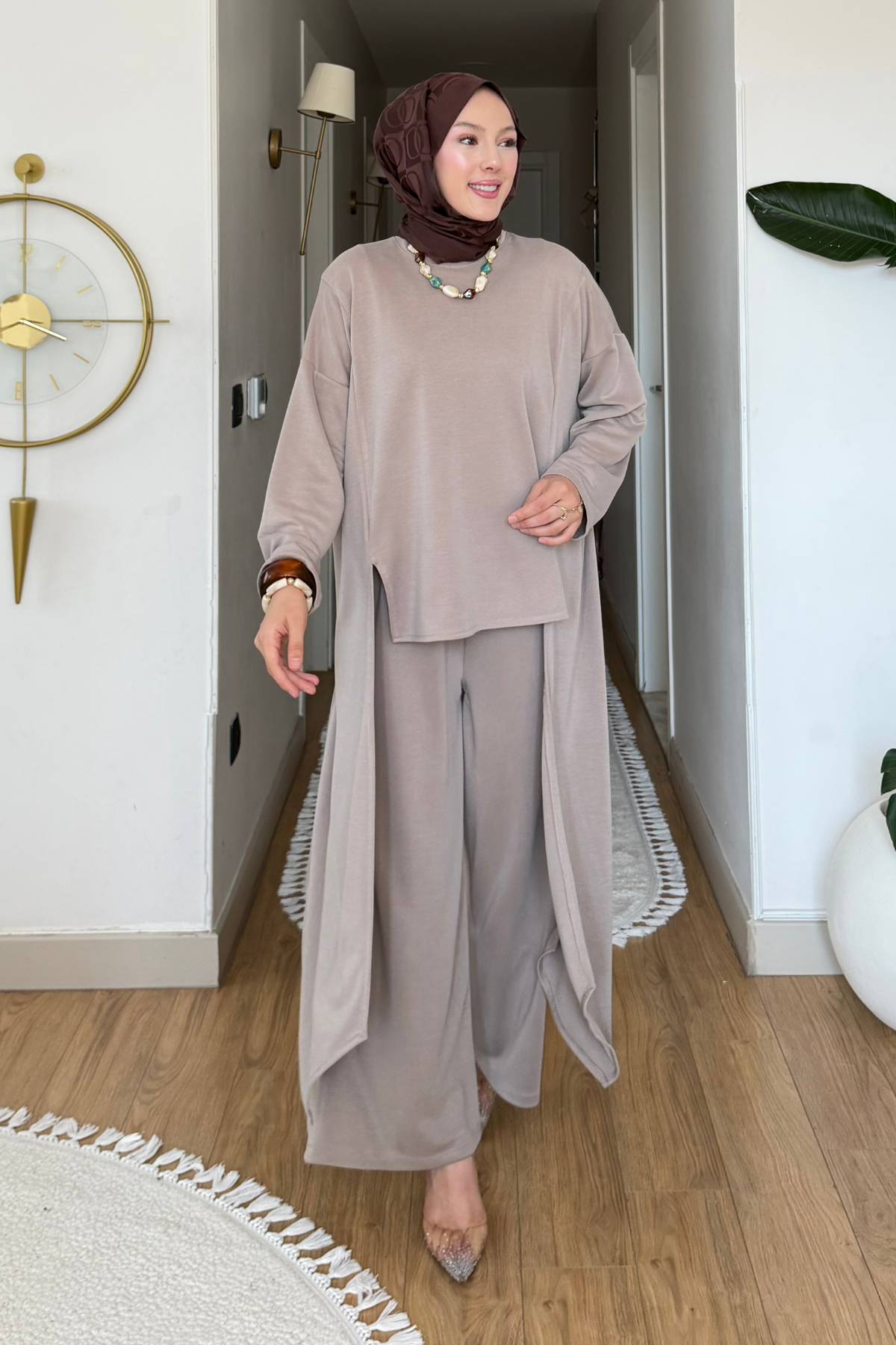 Peny Pike Orijinal Modal Kumaş Parçalı Tunik-Pantolon Tesettür Takım- Bej