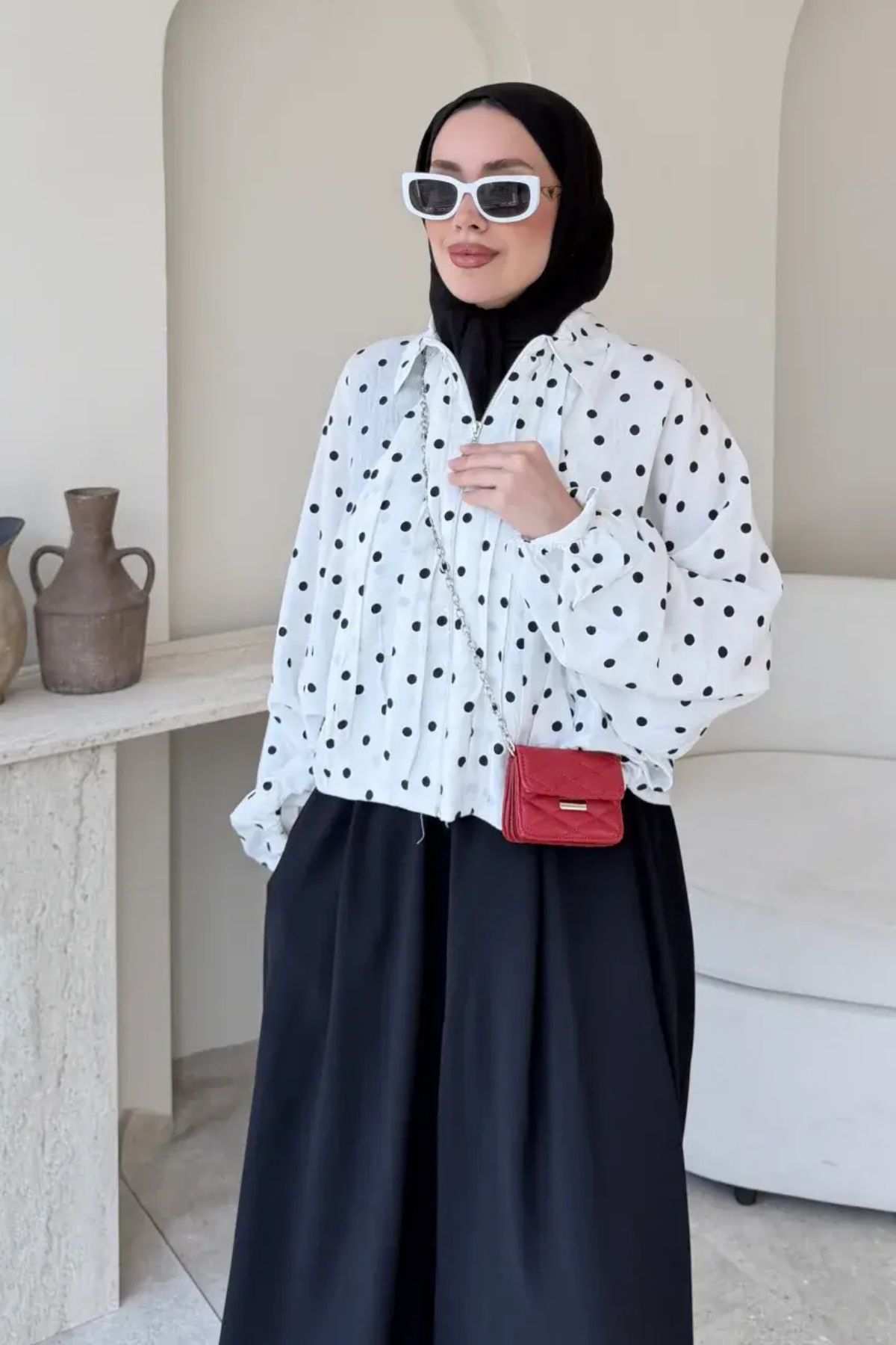 Polka Puantiyeli Bomber Ceket- Beyaz Standart Beden (36-42 Uyumlu)