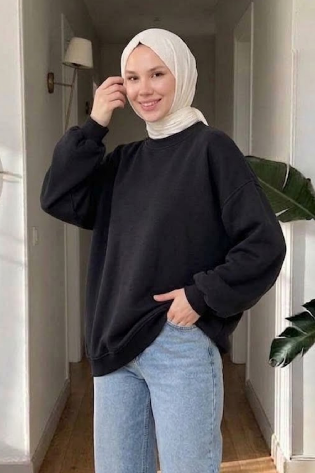 Pony 3 İplik Şardonlu Oversize Basic Sweatshirt- Siyah Standart (40-46 Uyumlu)