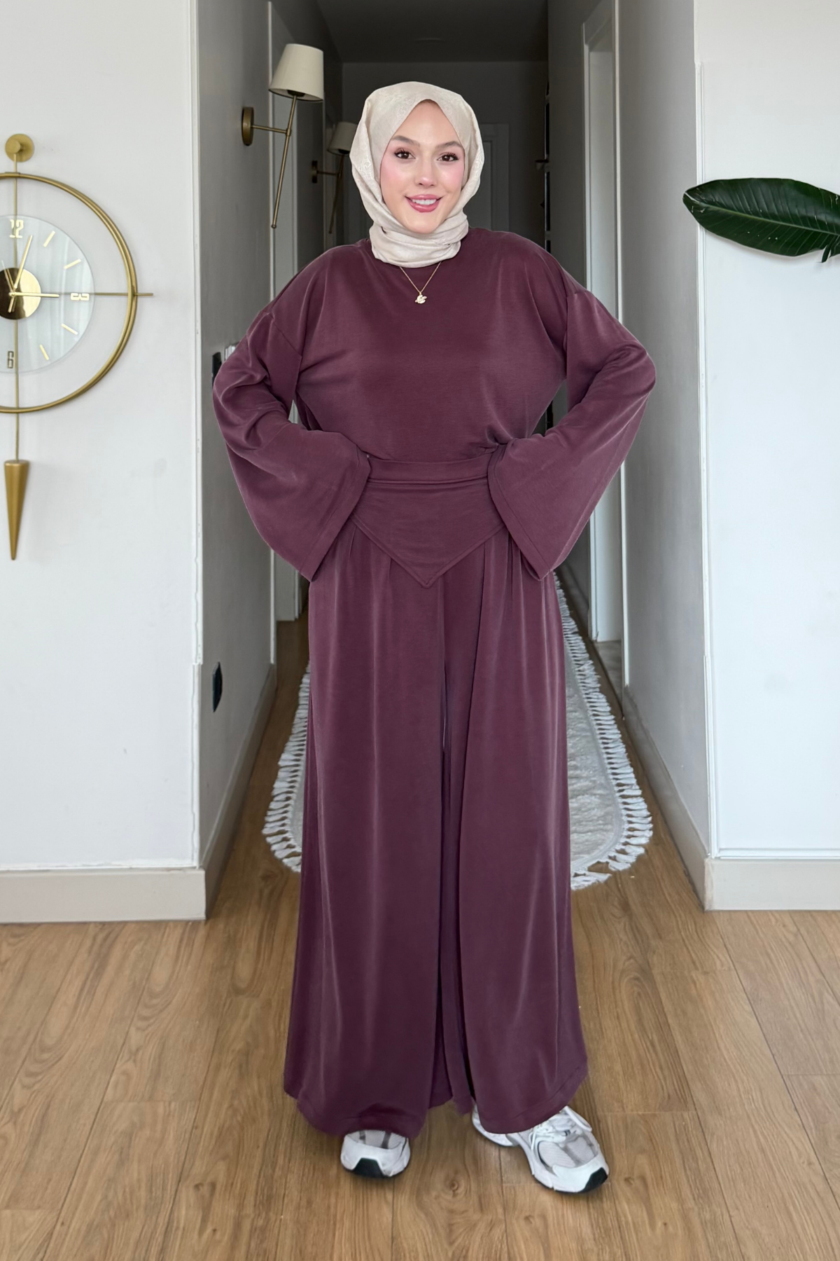 Ruby Pike orijinal Modal Kumaş Parçalı Pantolon- Tunik Tesettür Takım- Mürdüm