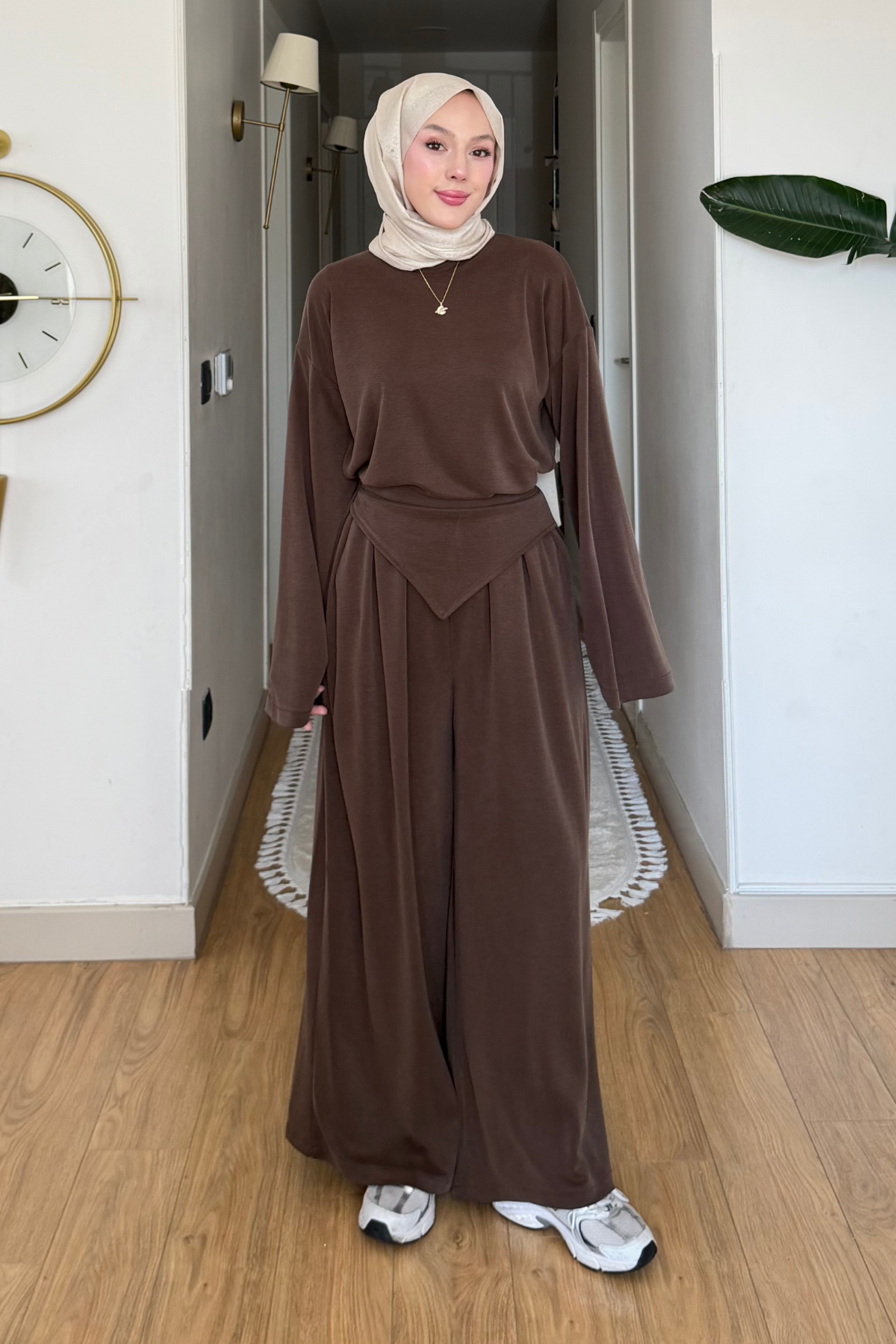 Ruby Pike orijinal Modal Kumaş Parçalı Pantolon- Tunik Tesettür Takım- Kahverengi